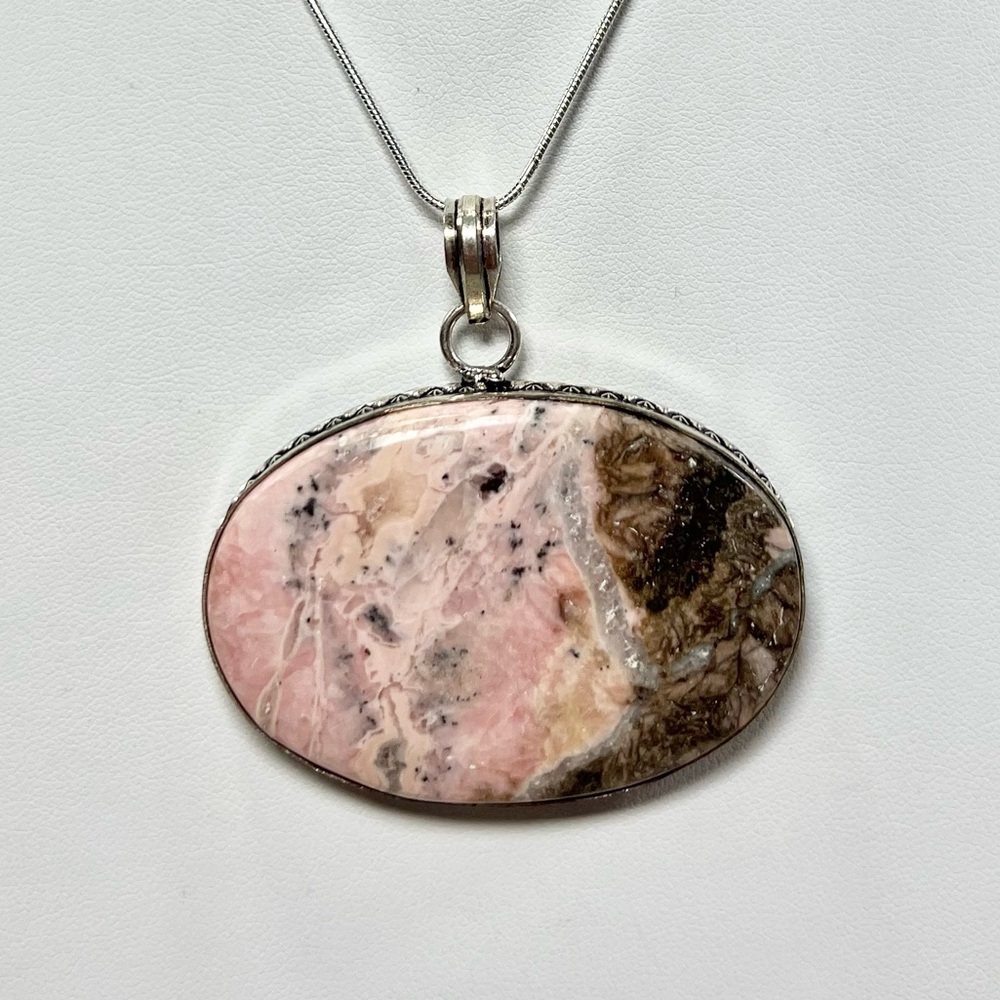 Silver-Set Pink Rhodochrosite Oval Pendant Necklace